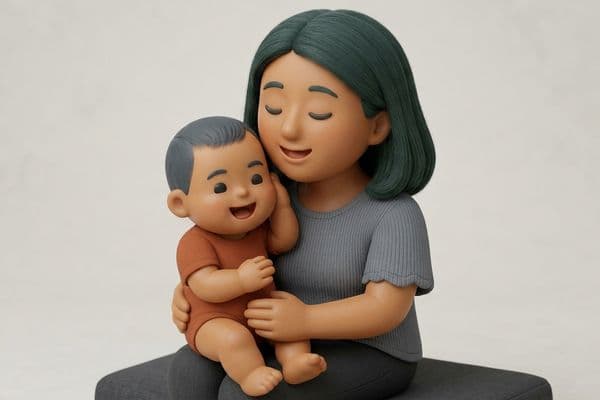 Düz gri arka plan önünde, kucağındaki neşeli bebeğine sarılmış, gözleri kapalı bir şekilde gülümseyen koyu yeşil saçlı bir anne figürünün şefkat dolu 3D dijital illüstrasyonu.