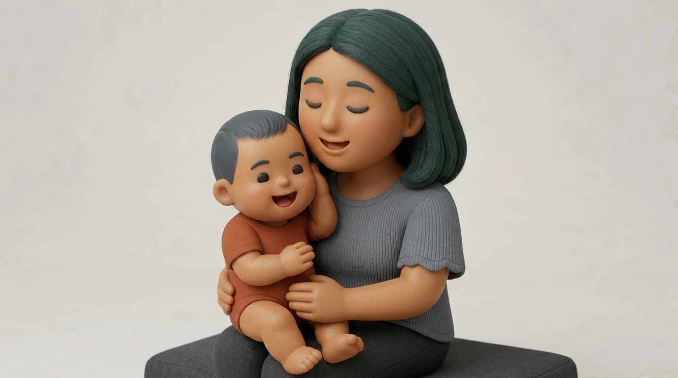 Düz gri arka plan önünde, kucağındaki neşeli bebeğine sarılmış, gözleri kapalı bir şekilde gülümseyen koyu yeşil saçlı bir anne figürünün şefkat dolu 3D dijital illüstrasyonu.