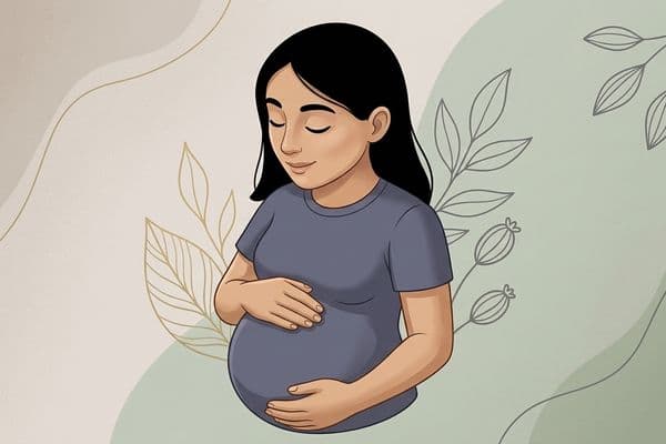 Soluk gri, bej ve pastel yeşil tonlarında soyut dalgalı bir arka plan önünde, doğum sonrası bipolar bozukluktaki iki uçlu duygu durum dalgalanmalarını ve içe dönüşü simgeleyen; gözleri kapalı bir şekilde karnını şefkatle tutan bir kadının dijital illüstrasyonu.