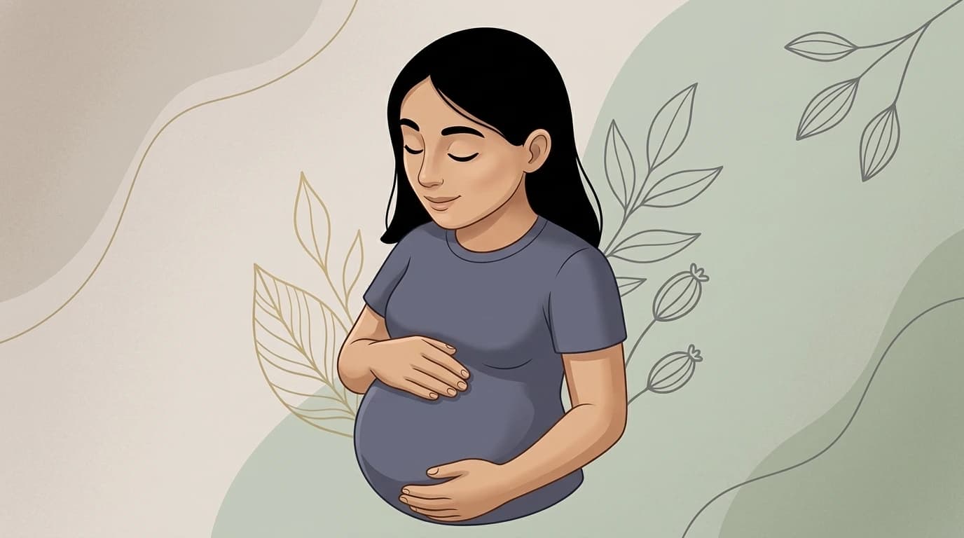 Soluk gri, bej ve pastel yeşil tonlarında soyut dalgalı bir arka plan önünde, menopoz dönemindeki bedensel olgunlaşmayı, hormonal dönüşümü ve içsel bilgeliği simgeleyen; gözleri kapalı bir şekilde ellerini gövdesine koymuş bir kadının dijital illüstrasyonu.