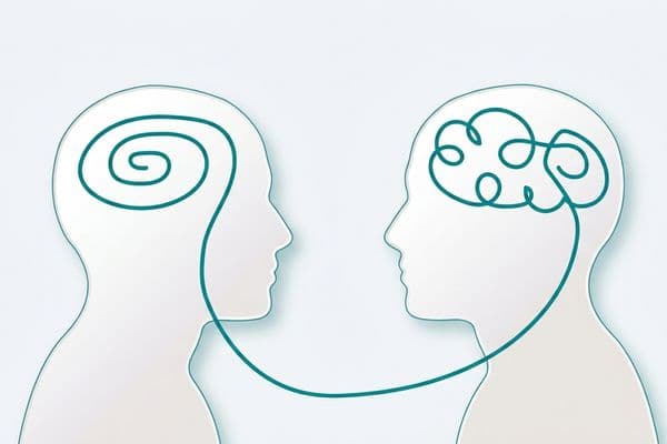Açık gri arka planda yüz yüze bakan iki insan silüeti. Birinin zihnindeki karmaşık, bulut benzeri çizgi, aralarındaki bir bağla diğer zihindeki düzenli bir spirale dönüşüyor.
