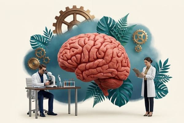 Krem rengi arka planda, merkezdeki büyük insan beyni maketinin etrafında analizler yapan iki beyaz önlüklü araştırmacı, çarklar ve yeşil tropikal yaprakların yer aldığı bilimsel illüstrasyon.