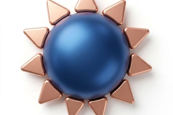 Beyaz arka plan üzerinde merkezlenmiş, pürüzsüz mat mavi bir yarım küre ve etrafına eşit aralıklarla dizilerek çiçek veya güneş formu oluşturmuş mat pembe-altın rengi üçgen blokların 3D illüstrasyonu.