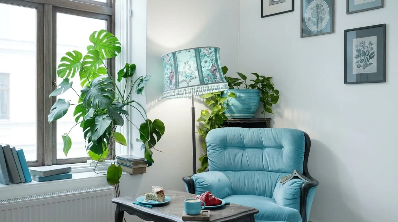 Aydınlık bir oda köşesinde mavi renkli konforlu bir berjer koltuk, yanında vintage tarzda lambader, geniş bir pencere önünde büyük yapraklı deve tabanı bitkisi ve sehpa üzerinde kahve ile tatlılar bulunan huzurlu bir terapi ortamı.