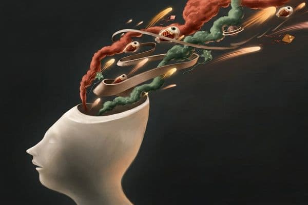 Siyah arka planda, üstü açık insan başı heykelinin içinden gökyüzüne doğru saçılan renkli dumanlar, kuyruklu yıldızlar ve kozmik ögelerin gerçeküstü illüstrasyonu.